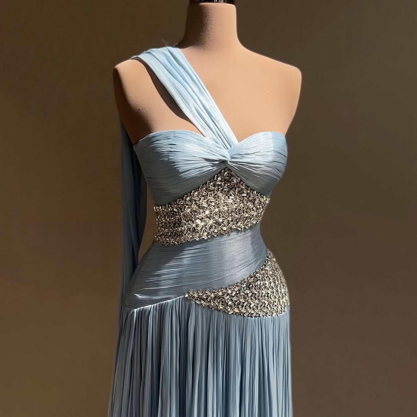 Luxury Blue One Shoulder Crystal Pleated Evening Dress LA73799