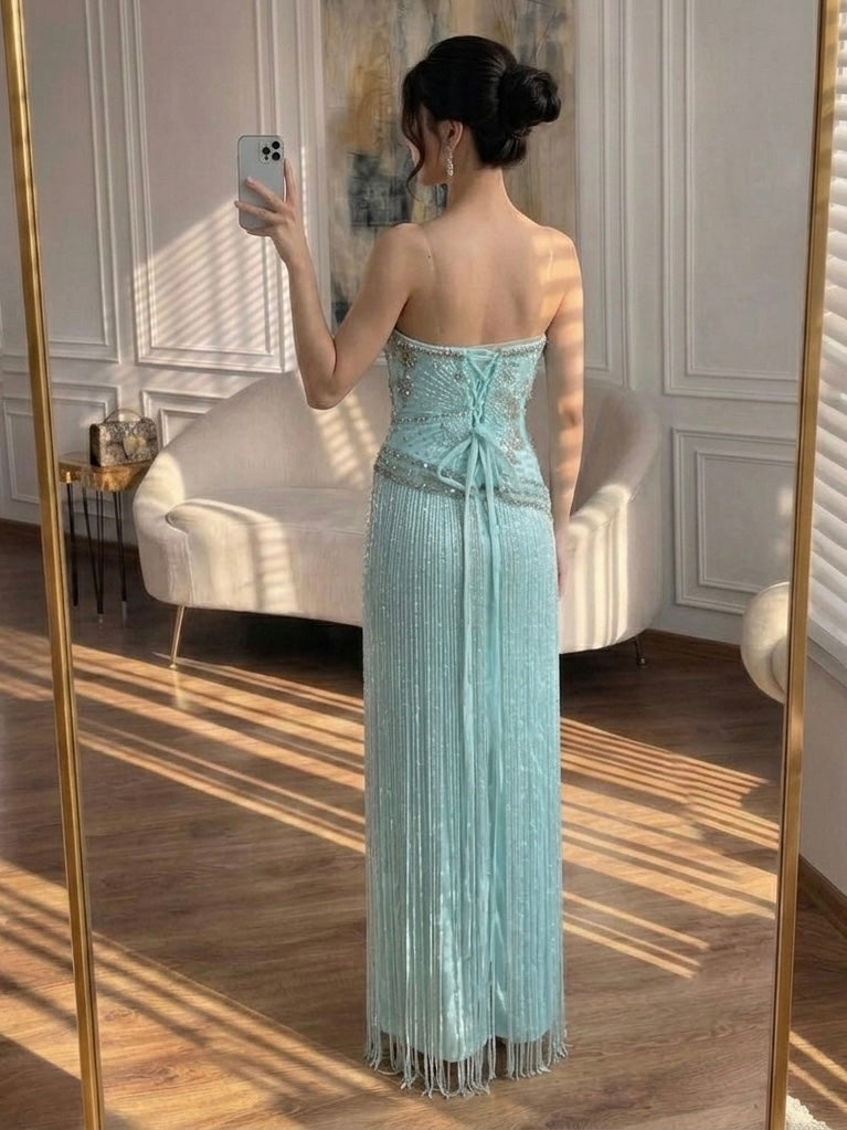 Arabic Tiffany Luxury Beaded Tassels Sweetheart Strapless Mermaid Evening Dress CLA73800