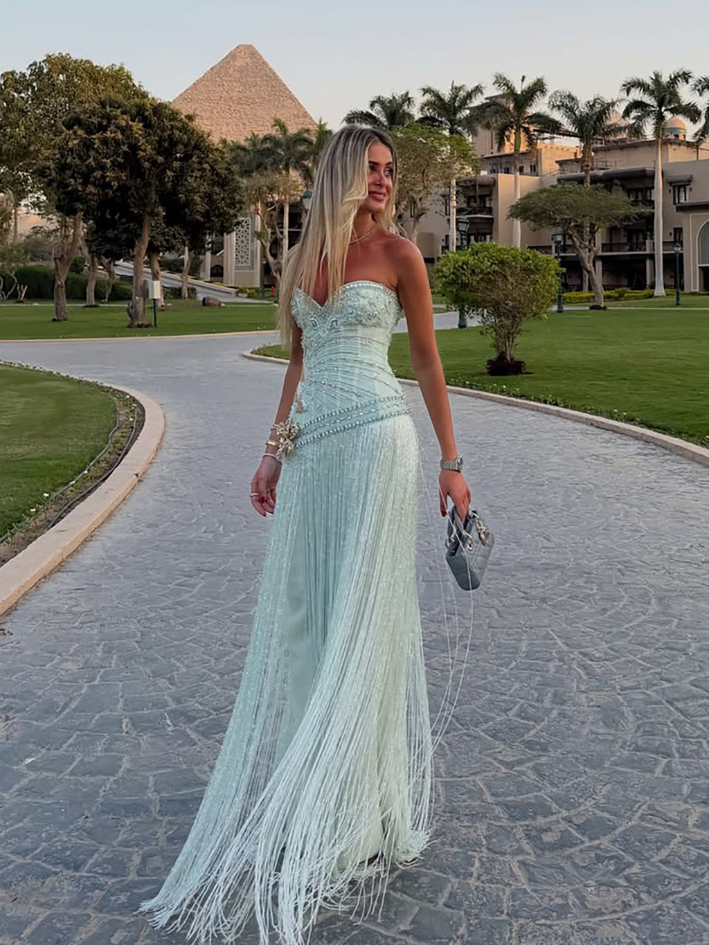 Luxury Sage Green Sweetheart Beaded Fringe Evening Dress LA73800