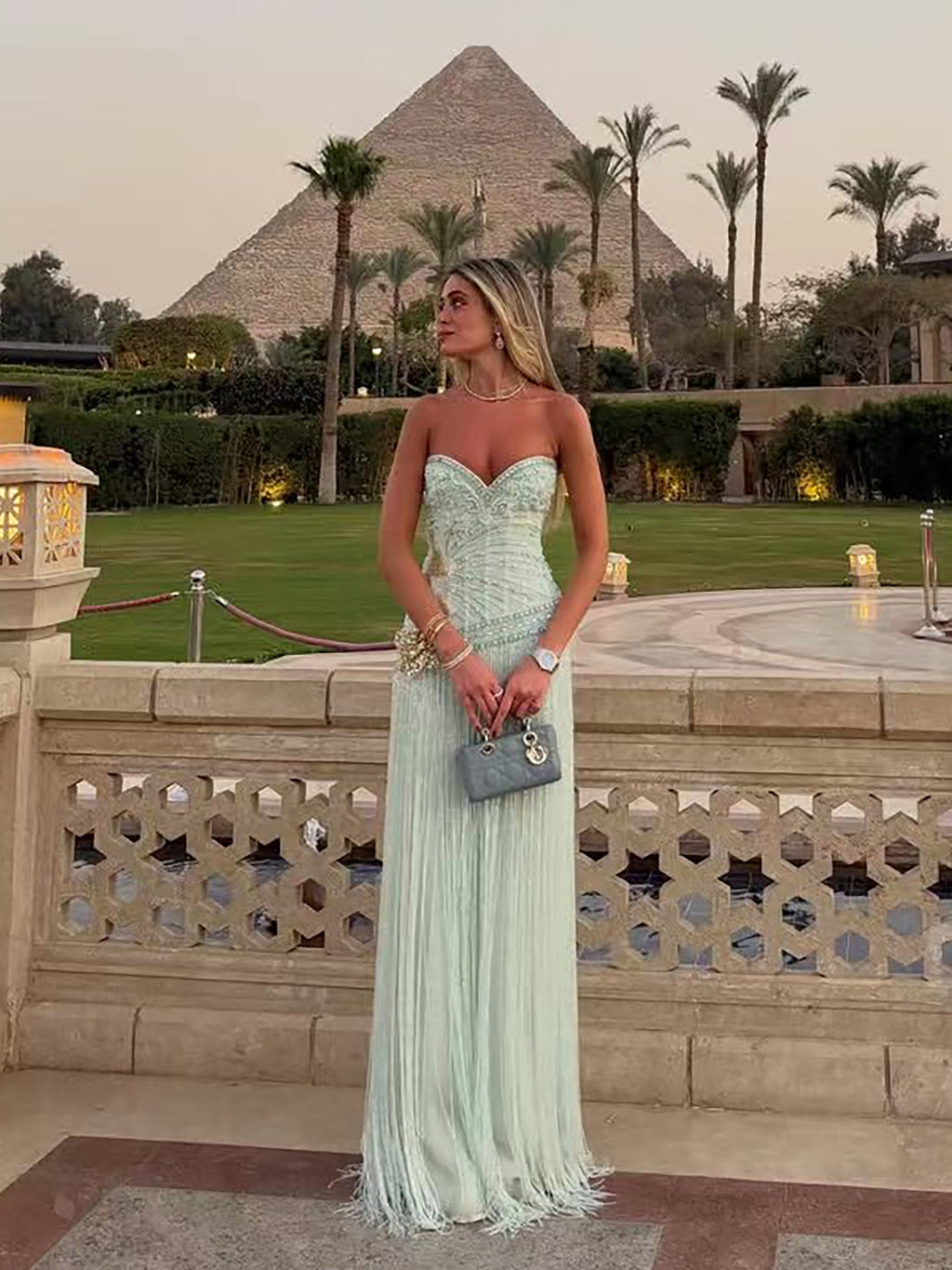 Luxury Sage Green Sweetheart Beaded Fringe Evening Dress LA73800