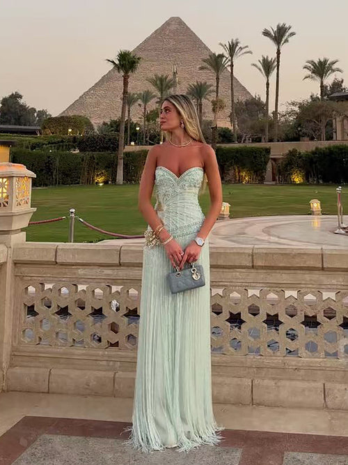 Arabic Tiffany Luxury Beaded Tassels Sweetheart Strapless Mermaid Evening Dress CLA73800