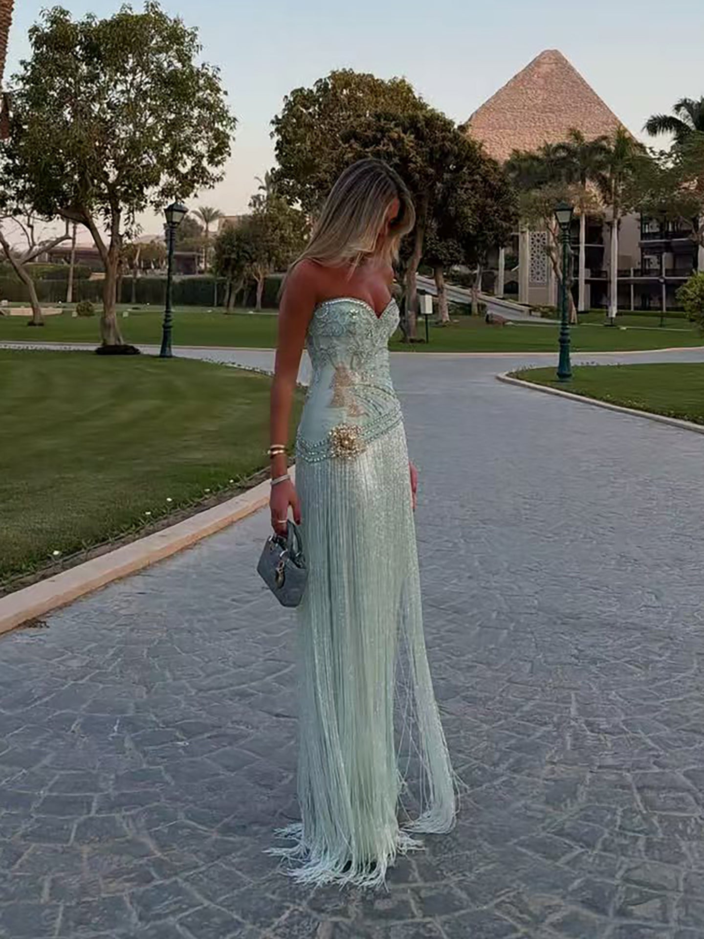Luxury Sage Green Sweetheart Beaded Fringe Evening Dress LA73800
