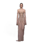 Luxury Nude Pink Beaded Off Shoulder Mermaid Evening Dress LA73801
