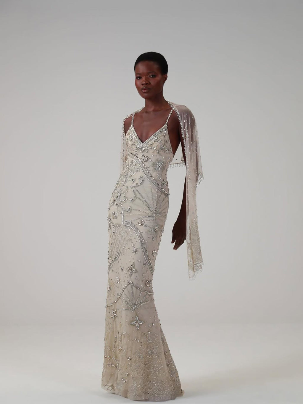 Luxury Champagne Beaded Spaghetti Straps Gown with Detachable Cape LA73801