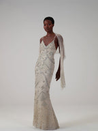 Luxury Champagne Beaded Spaghetti Straps Gown with Detachable Cape LA73801