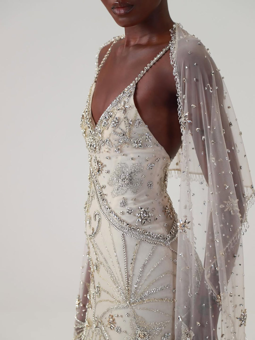 Luxury Champagne Beaded Spaghetti Straps Gown with Detachable Cape LA73801