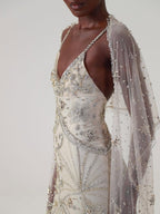 Luxury Champagne Beaded Spaghetti Straps Gown with Detachable Cape LA73801