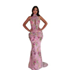 Luxury Peplum Pink Halter Neck Beaded Mermaid Dress LA73802