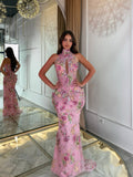 Luxury Peplum Pink Halter Neck Beaded Mermaid Dress LA73802
