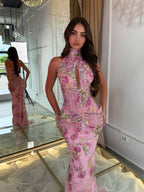 Luxury Peplum Pink Halter Neck Beaded Mermaid Dress LA73802