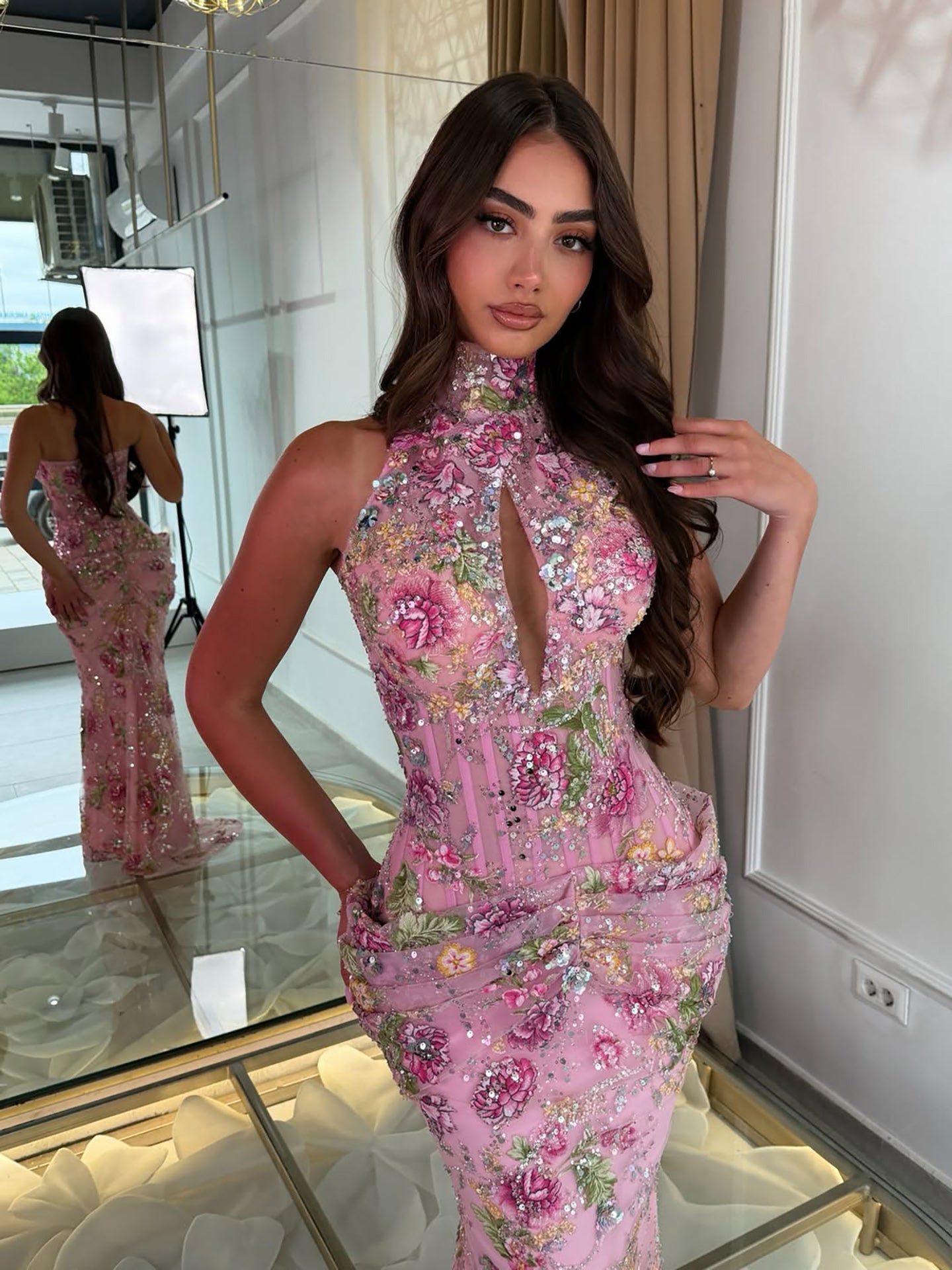 Luxury Peplum Pink Halter Neck Beaded Mermaid Dress LA73802