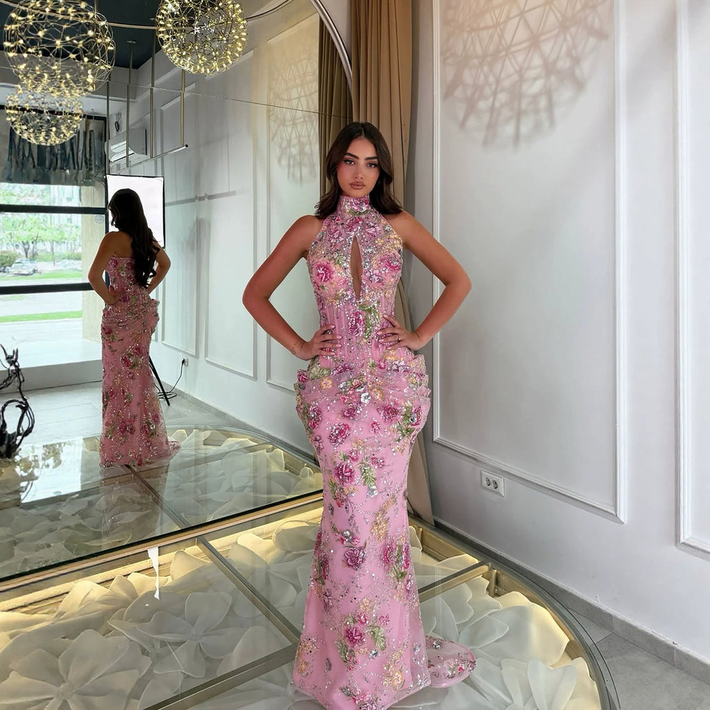 Luxury Peplum Pink Halter Neck Beaded Mermaid Dress LA73802