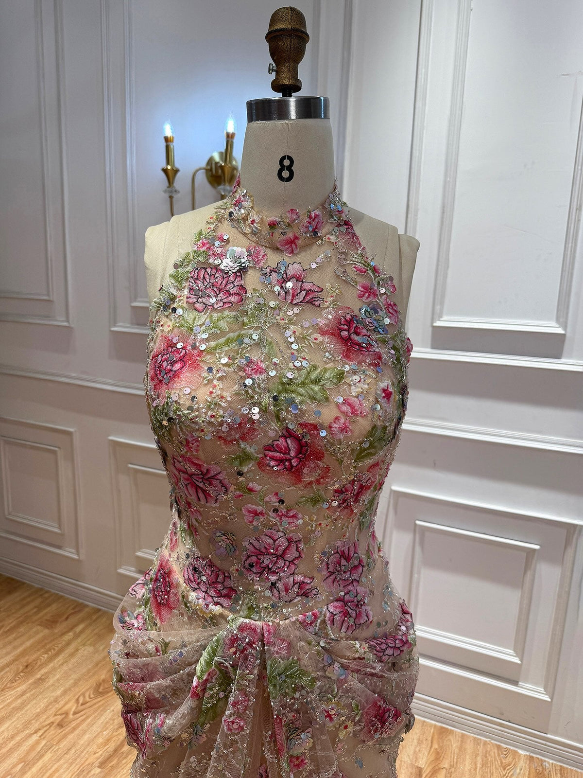 Luxury Peplum Nude Pink Halter Neck Beaded Mermaid Dress LA73802A