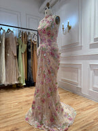 Luxury Peplum Nude Pink Halter Neck Beaded Mermaid Dress LA73802A