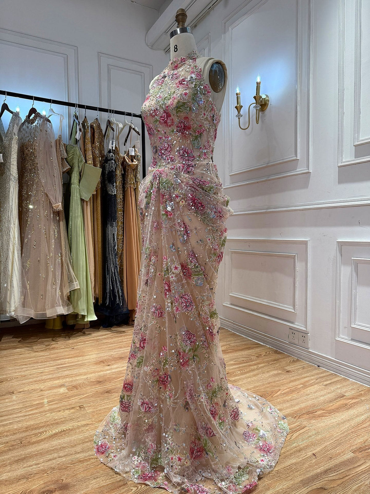 Luxury Peplum Nude Pink Halter Neck Beaded Mermaid Dress LA73802A