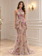 Luxury Peplum Nude Pink Halter Neck Beaded Mermaid Dress LA73802A