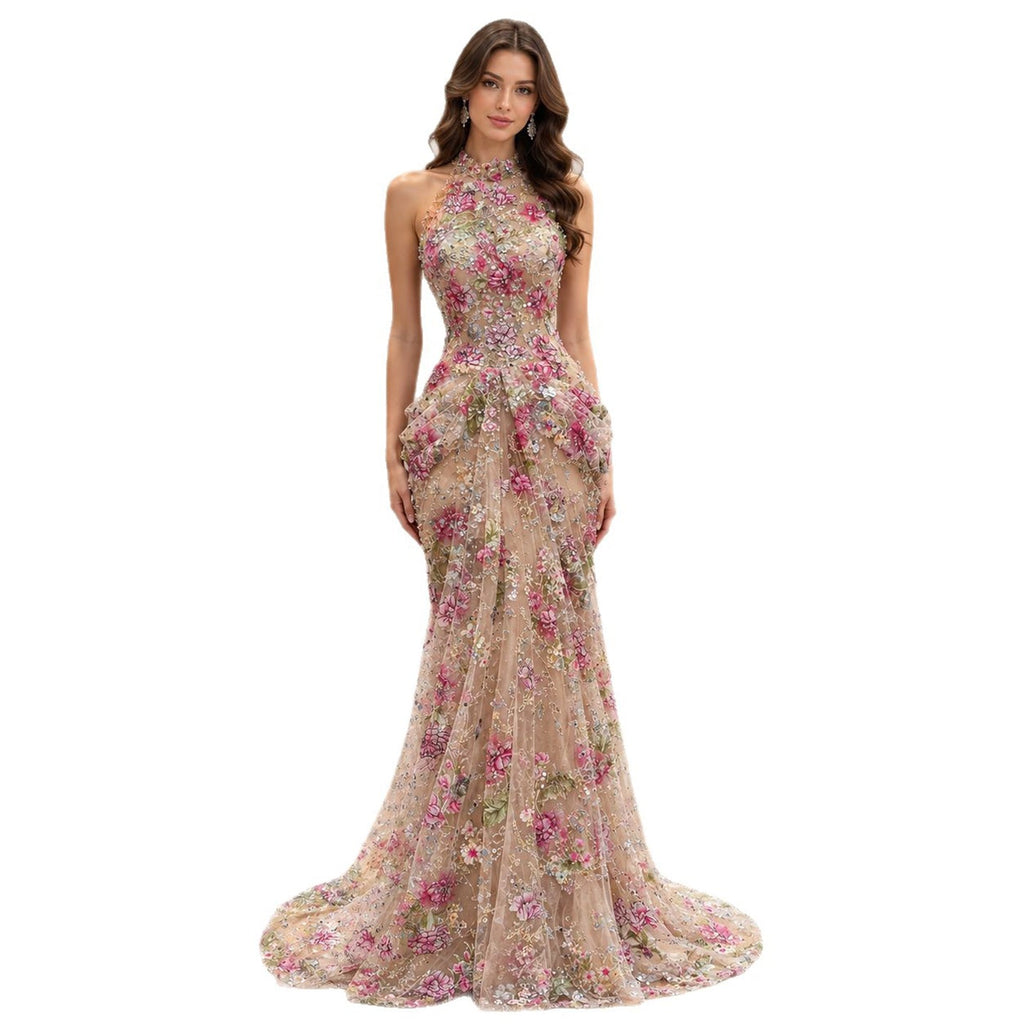 Luxury Peplum Nude Pink Halter Neck Beaded Mermaid Dress LA73802A