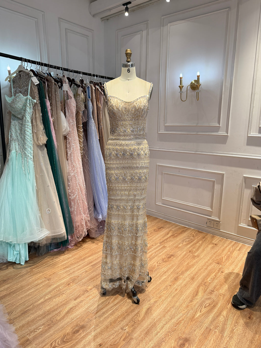 Luxury Champagne Spaghetti Strap Sweetheart Mermaid Dress with Fully Rhinestone Beaded CLA73803