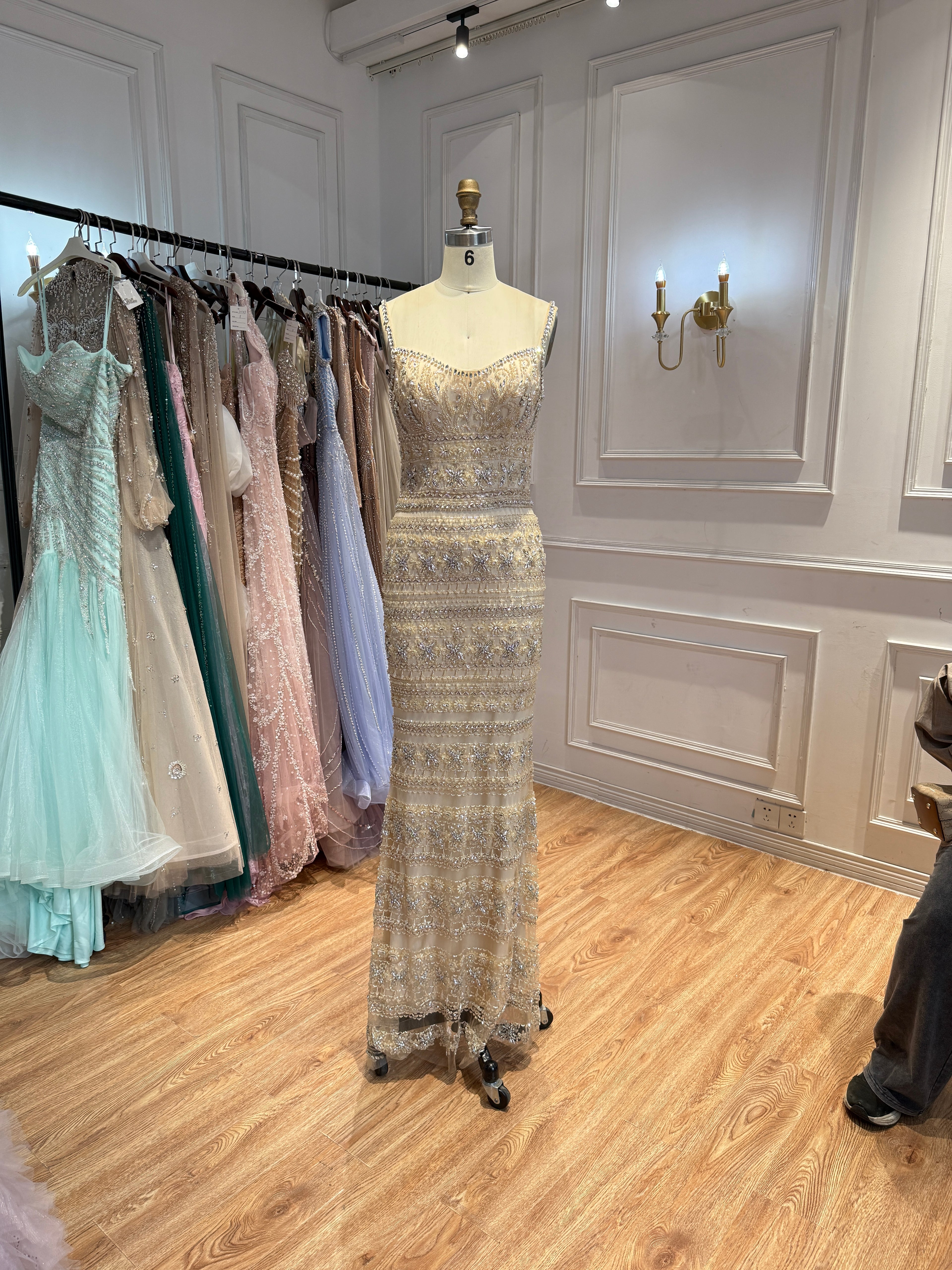 Luxury Champagne Spaghetti Strap Sweetheart Mermaid Dress with Fully Rhinestone Beaded CLA73803