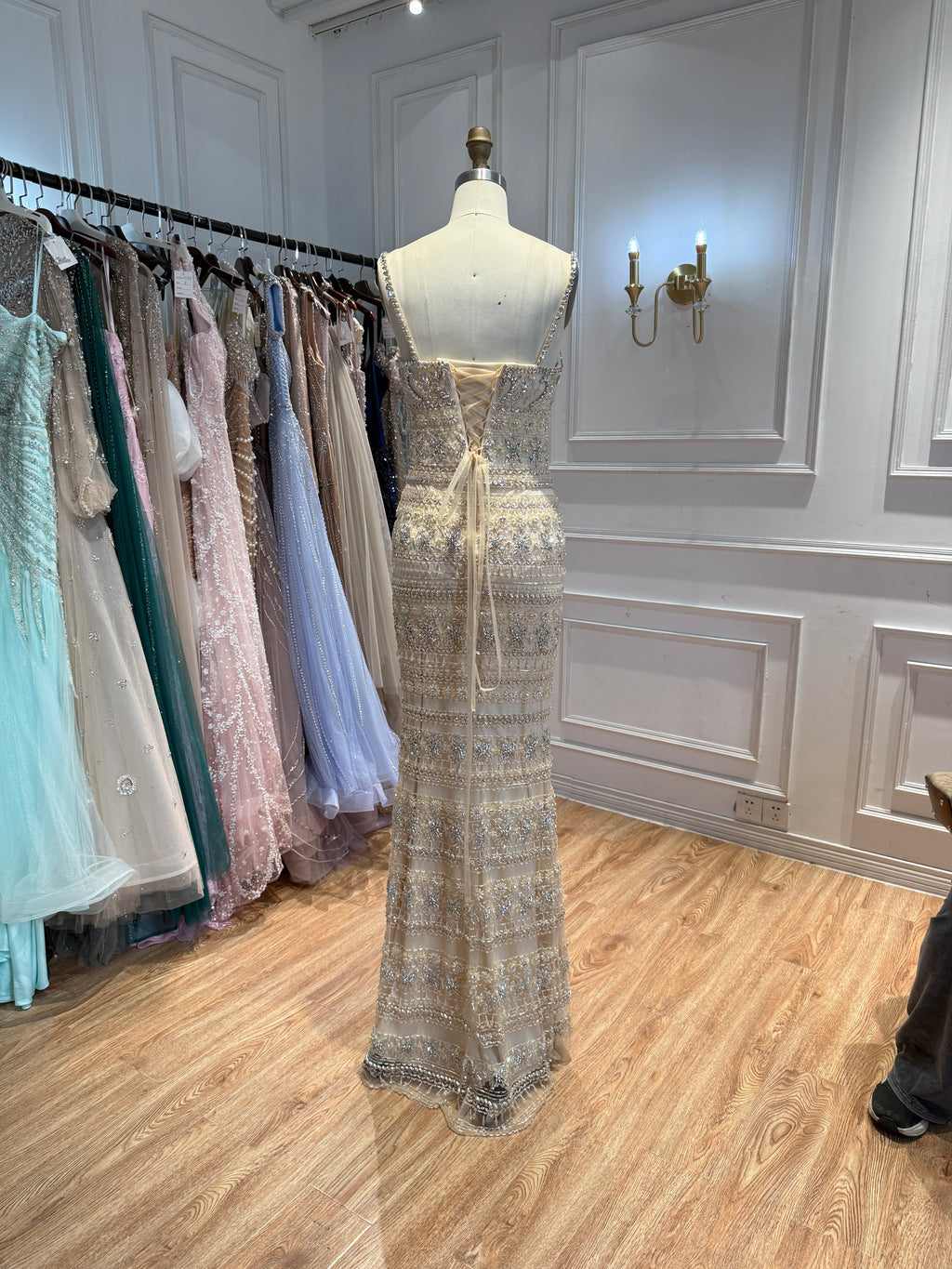 Luxury Champagne Spaghetti Strap Sweetheart Mermaid Dress with Fully Rhinestone Beaded CLA73803