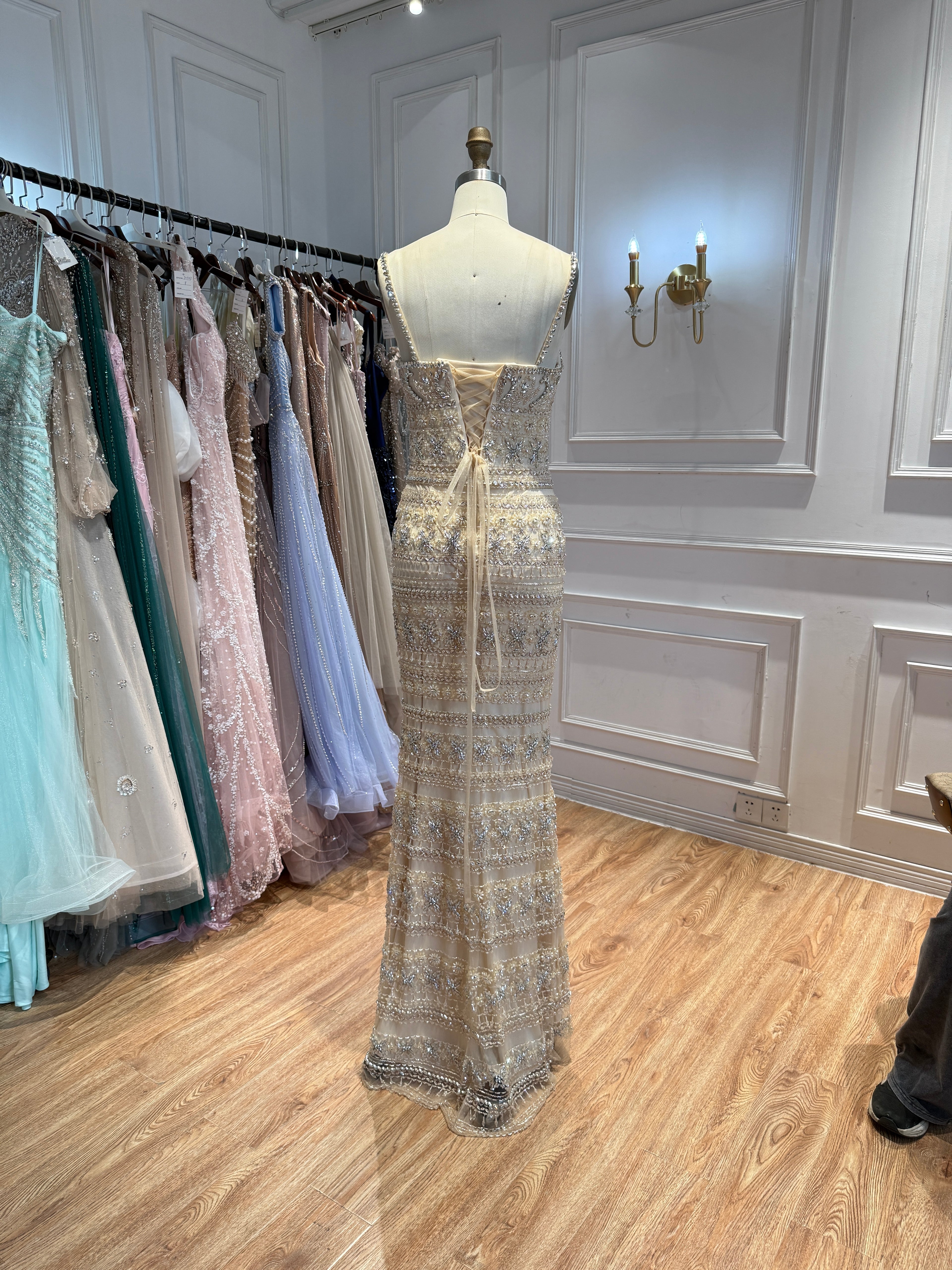 Luxury Champagne Spaghetti Strap Sweetheart Mermaid Dress with Fully Rhinestone Beaded CLA73803
