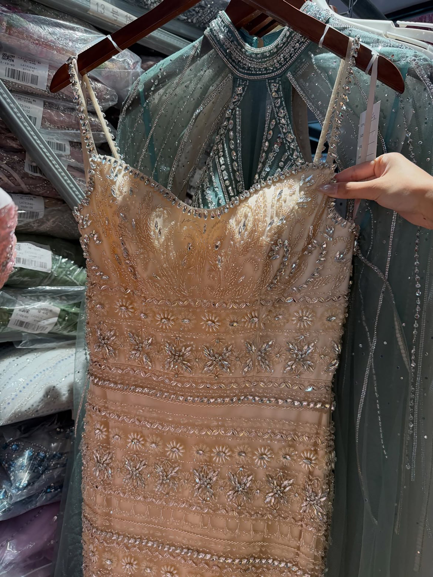 Luxury Champagne Spaghetti Strap Sweetheart Mermaid Dress with Fully Rhinestone Beaded CLA73803
