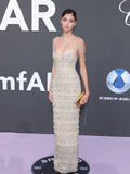 Luxury Champagne Beaded Spaghetti Straps Straight Dress LA73803