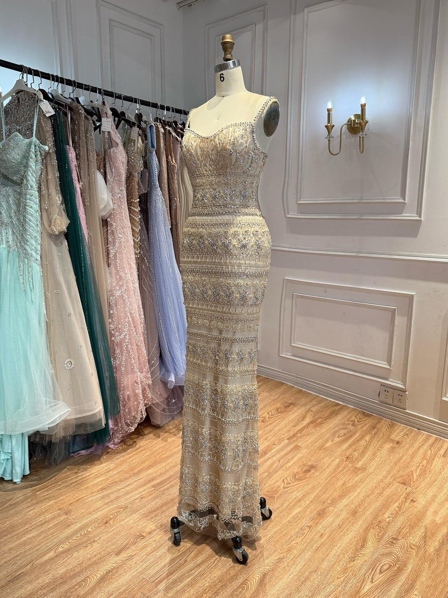 Luxury Champagne Spaghetti Strap Sweetheart Mermaid Dress with Fully Rhinestone Beaded CLA73803