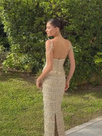 Luxury Champagne Beaded Spaghetti Straps Straight Dress LA73803