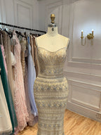 Luxury Champagne Spaghetti Strap Sweetheart Mermaid Dress with Fully Rhinestone Beaded CLA73803