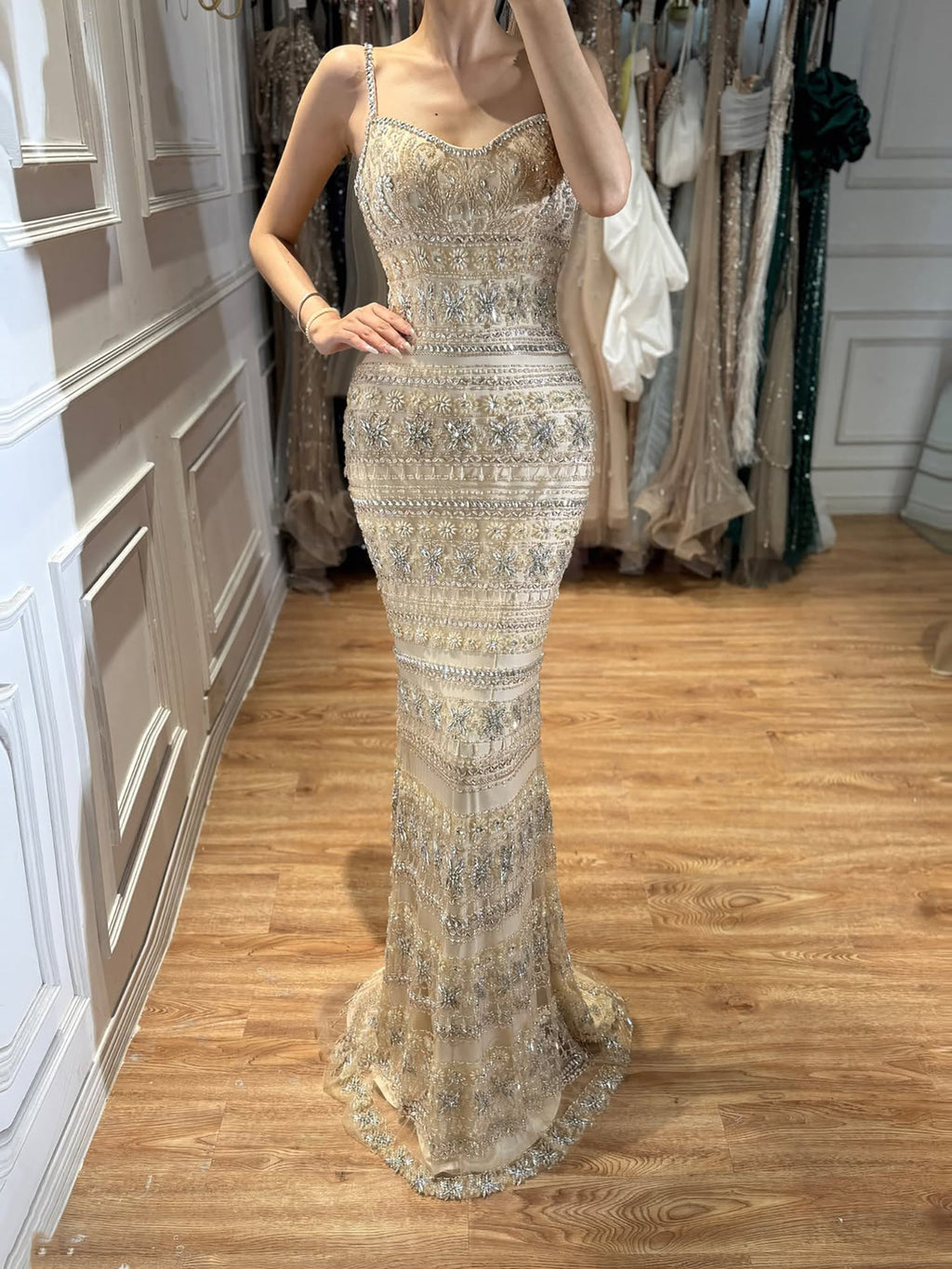 Luxury Champagne Spaghetti Strap Sweetheart Mermaid Dress with Fully Rhinestone Beaded CLA73803