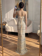 Luxury Champagne Spaghetti Strap Sweetheart Mermaid Dress with Fully Rhinestone Beaded CLA73803