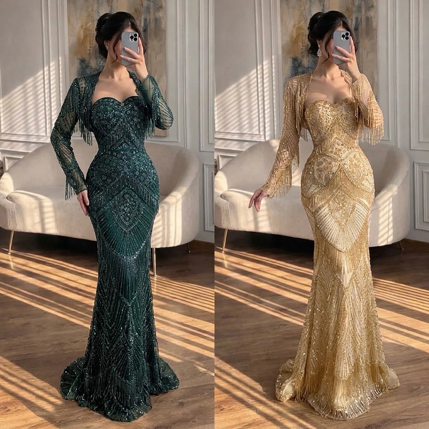 Luxury Green Long Sleeve Beaded Tassel Mermaid Dress LA73804