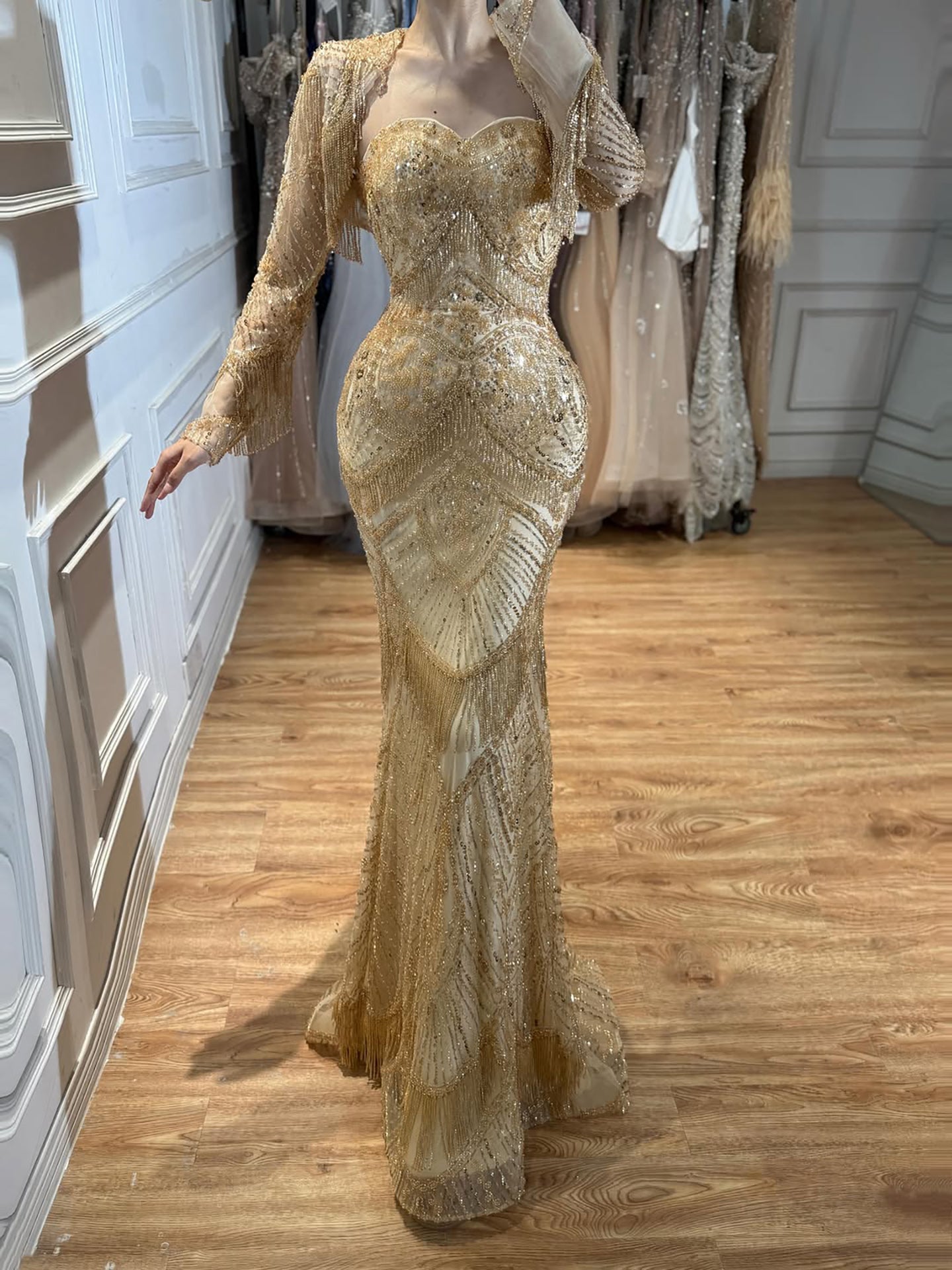 Luxury Green Long Sleeve Beaded Tassel Mermaid Dress LA73804