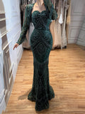 Luxury Dark Green Long Sleeve Beaded Tassel Mermaid Dress LA73804