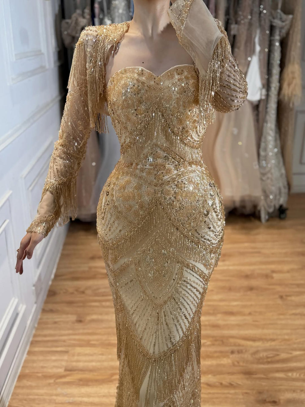 Luxury Dark Green Long Sleeve Beaded Tassel Mermaid Dress LA73804