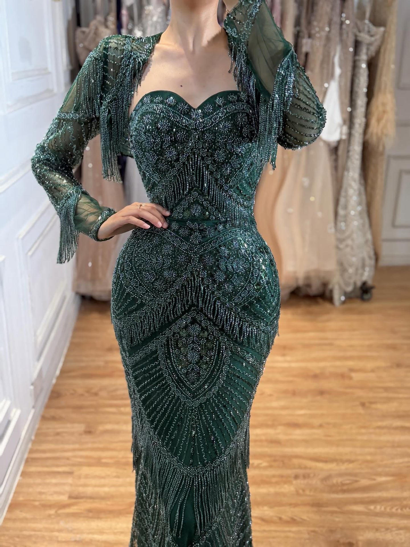 Luxury Dark Green Long Sleeve Beaded Tassel Mermaid Dress LA73804