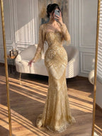 Luxury Dark Green Long Sleeve Beaded Tassel Mermaid Dress LA73804