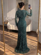 Luxury Green Long Sleeve Beaded Tassel Mermaid Dress LA73804