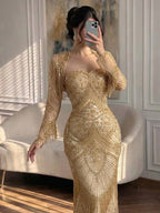 Luxury Dark Green Long Sleeve Beaded Tassel Mermaid Dress LA73804