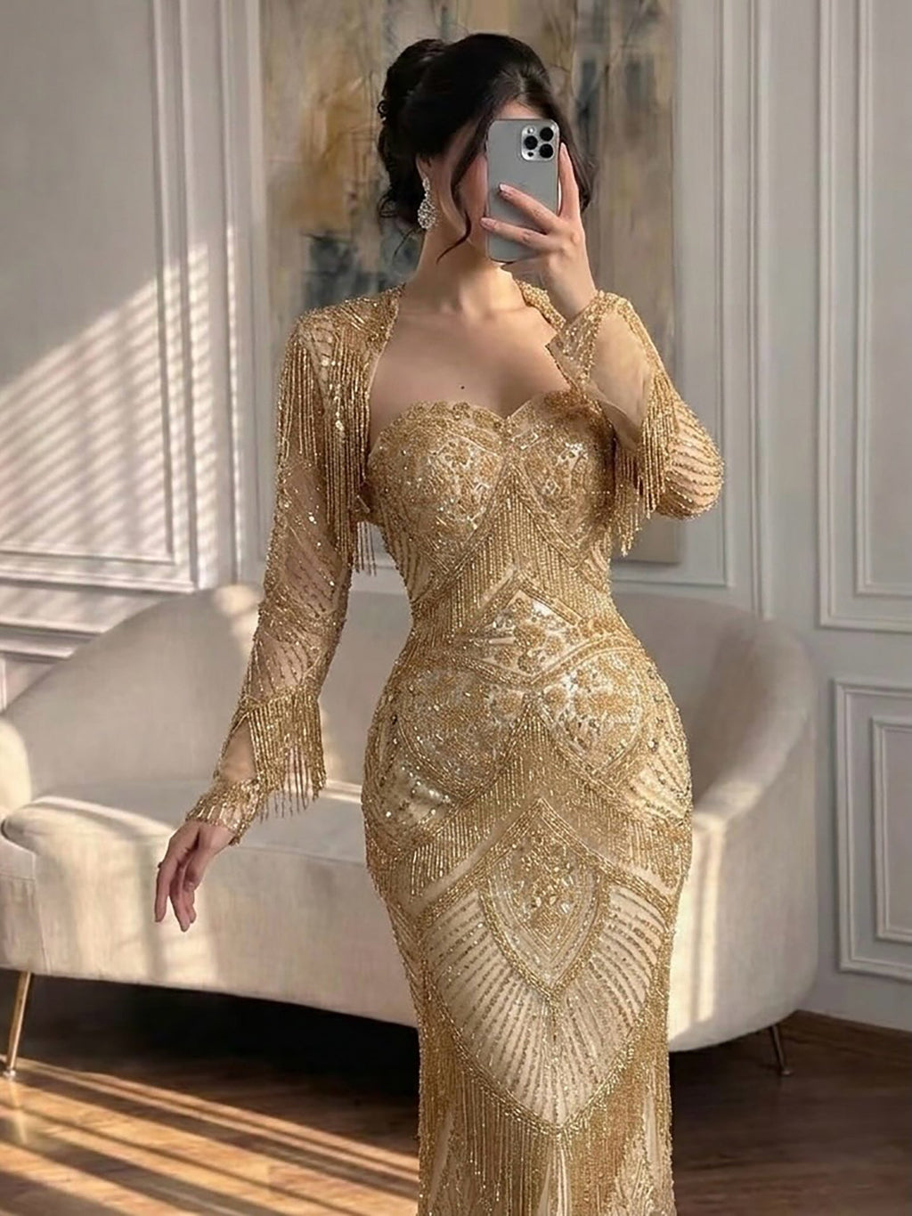 Luxury Green Long Sleeve Beaded Tassel Mermaid Dress LA73804