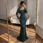 Luxury Dark Green Long Sleeve Beaded Tassel Mermaid Dress LA73804
