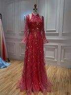 Watermelon Sequin Beaded Long Sleeve Evening Gown LA73805