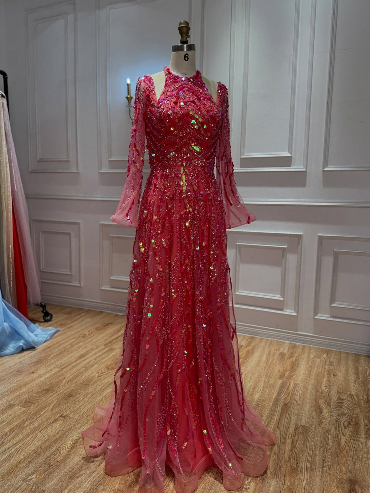 Watermelon Sequin Beaded Long Sleeve Evening Gown LA73805
