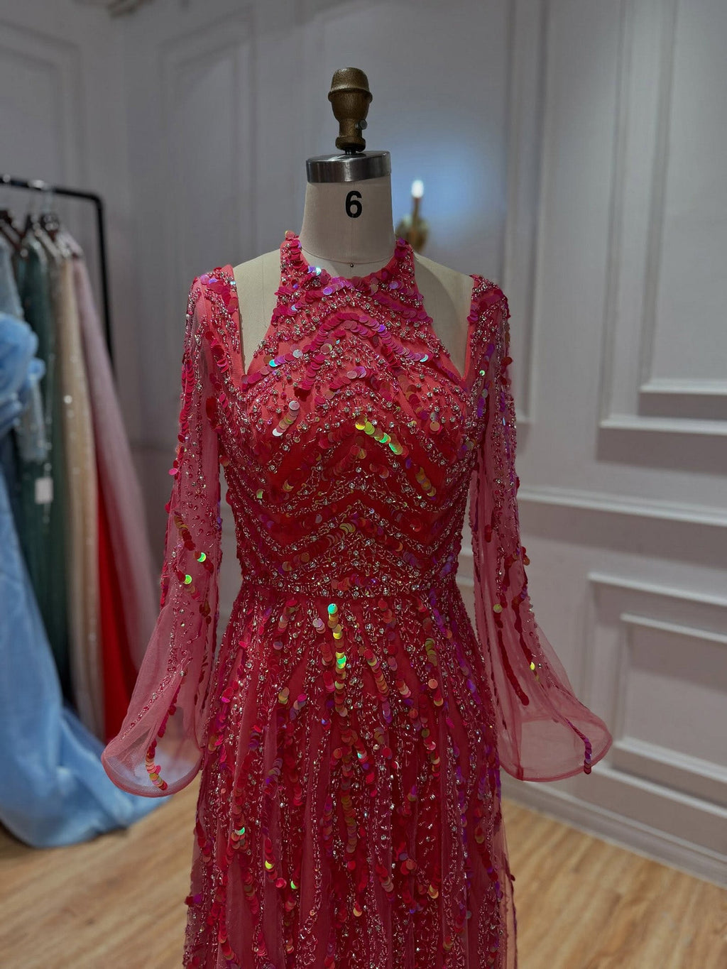 Watermelon Sequin Beaded Long Sleeve Evening Gown LA73805
