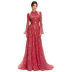 Watermelon Sequin Beaded Long Sleeve Evening Gown LA73805