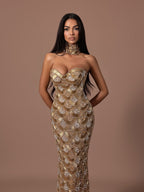 Luxury Gold Crystals Strapless Mermaid Gown with Choker LA73806