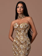 Luxury Gold Crystals Strapless Mermaid Gown with Choker LA73806