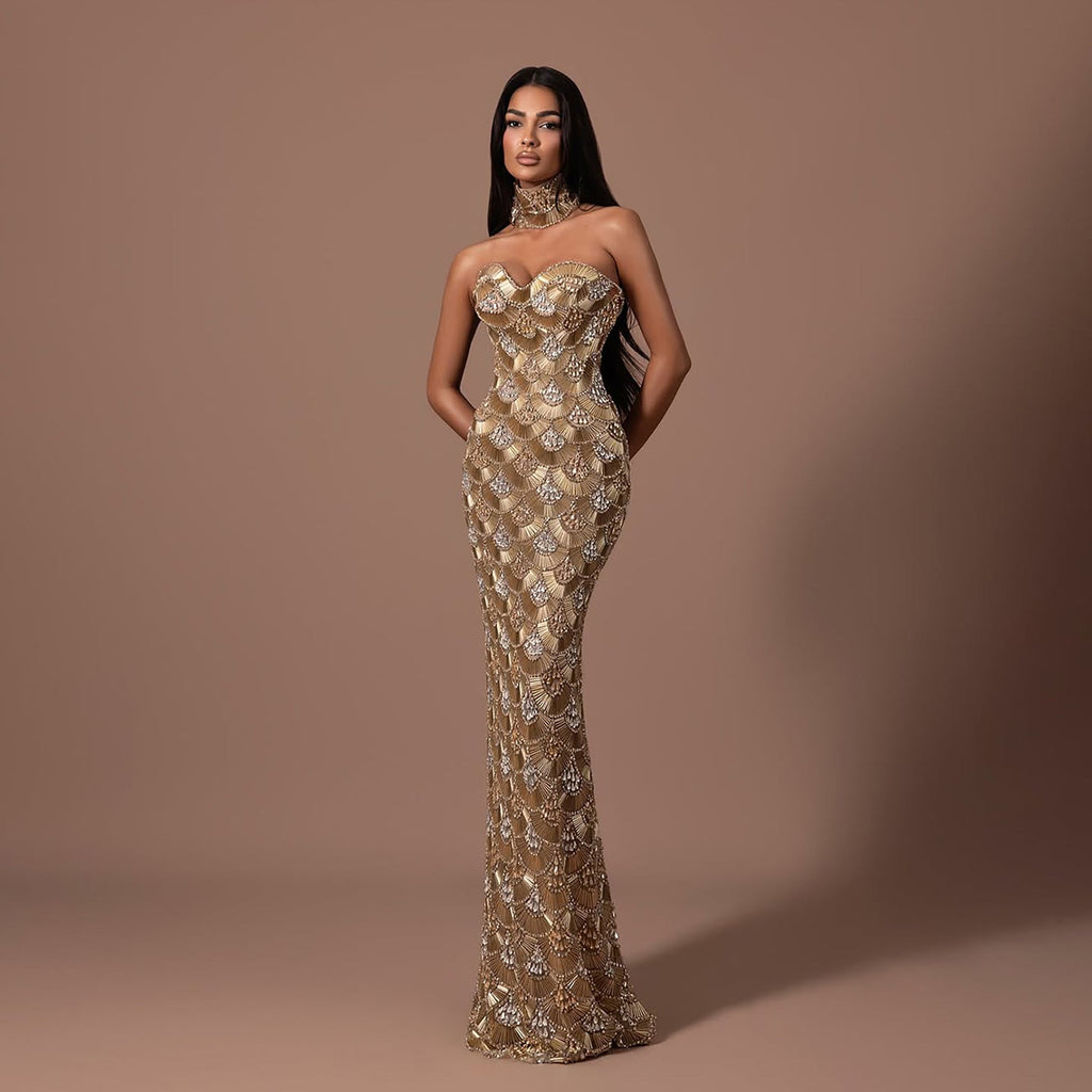 Luxury Gold Crystals Strapless Mermaid Gown with Choker LA73806