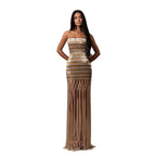 Luxury Gold Color Blocked Strapless Beaded Fringe Dress LA73807